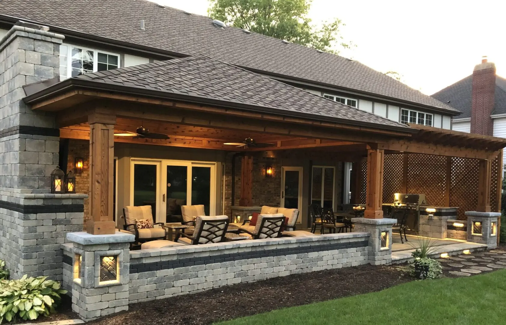 Custom outdoor roof structure with outdoor chimney and patio in Glen Ellyn, IL