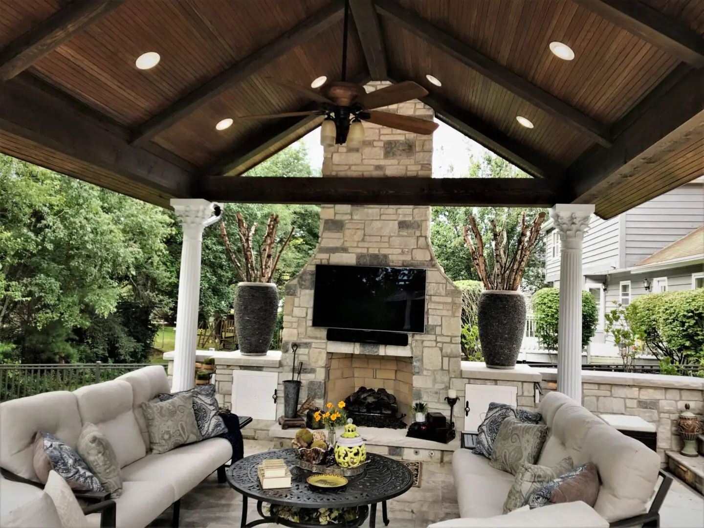 Custom outdoor living space with roof structure, pavilion, pergola, in Naperville, IL