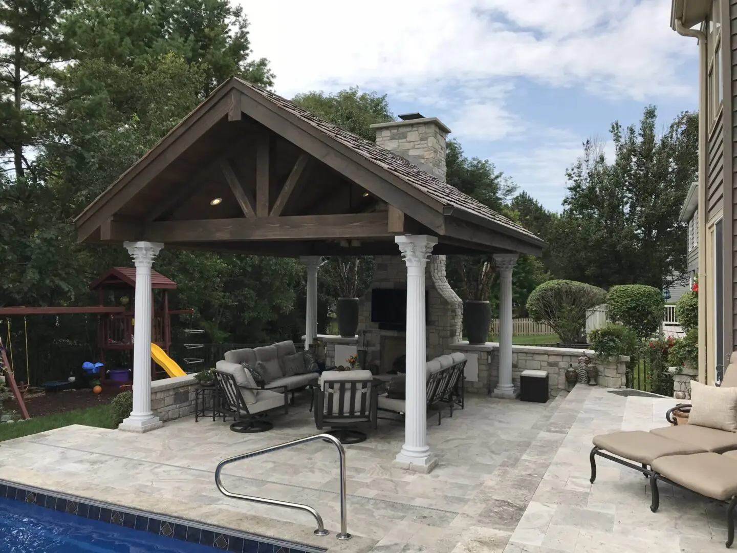 Backyard pavilion and covered patio structure installation near Oak Brook, IL