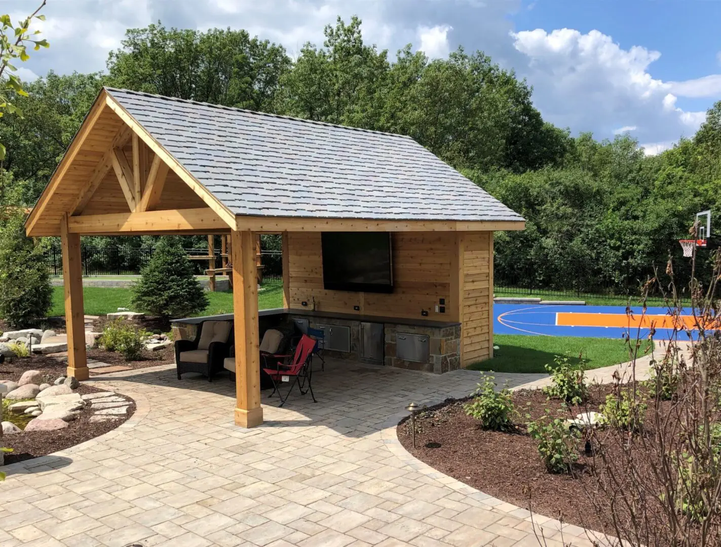 Custom pavilion and sports court installation in Palos Park, IL