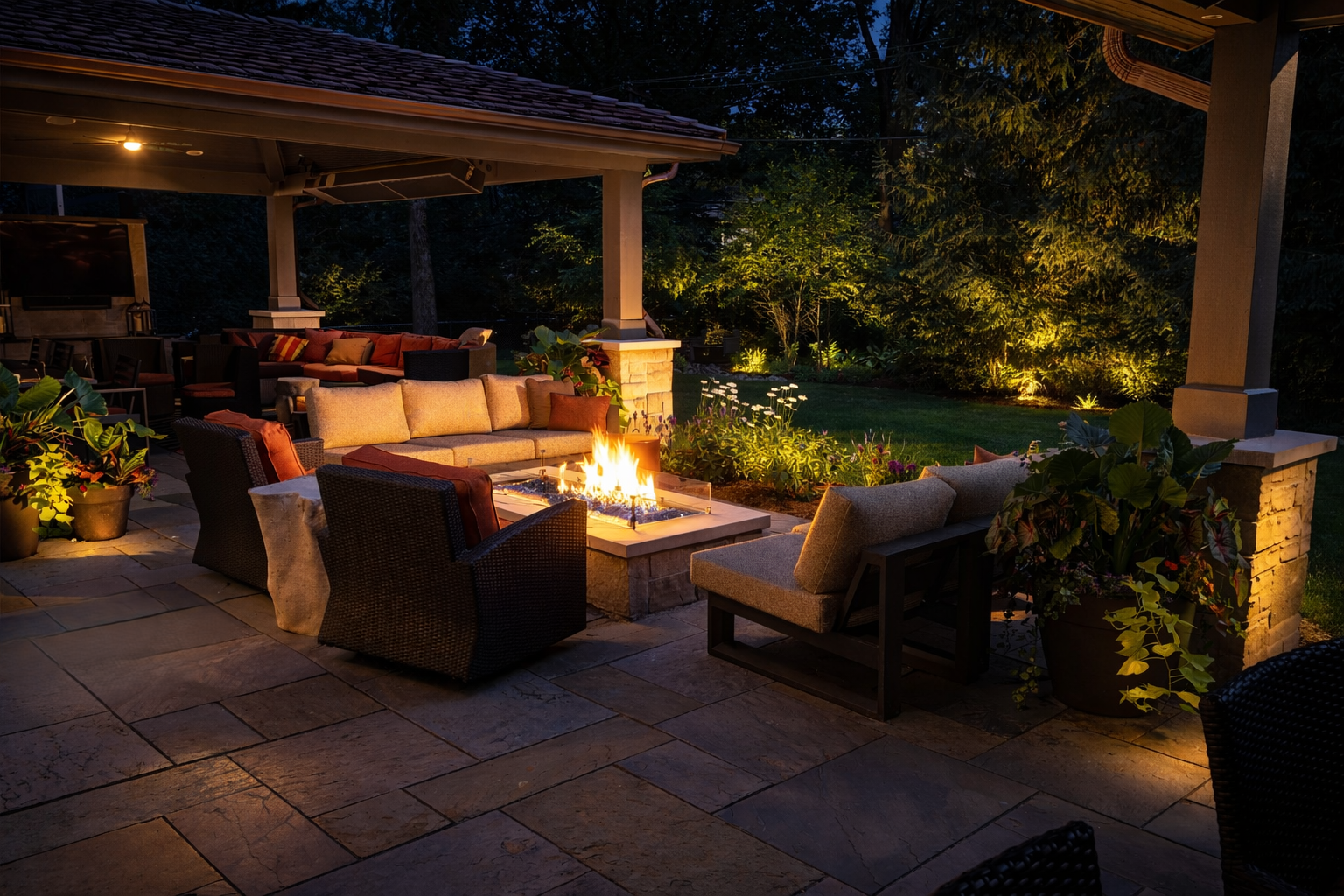 Patio pavilion with gas fire pit in Western Springs IL