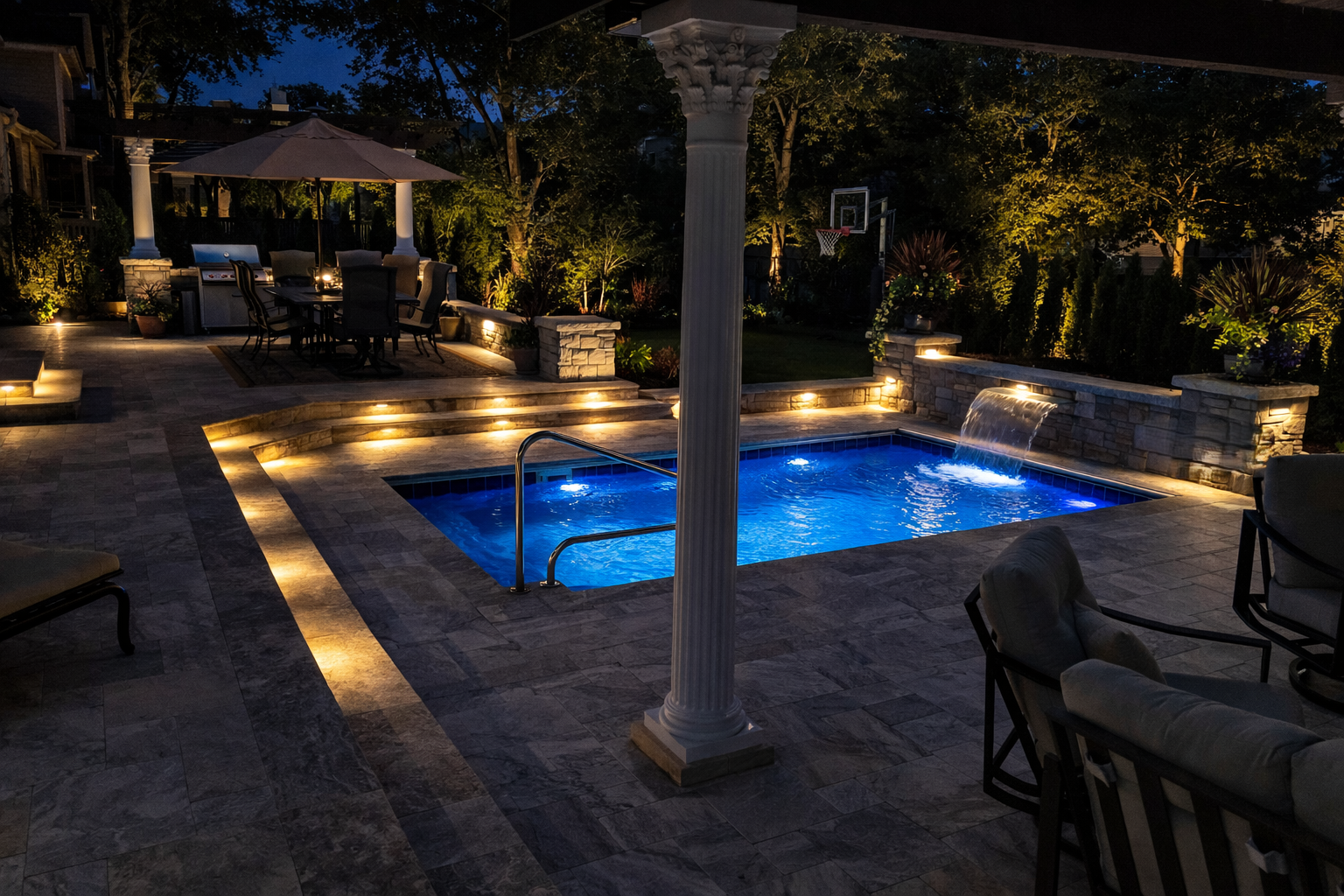 Custom pavilion with pergola roof structure and landscape lighting in Naperville, IL
