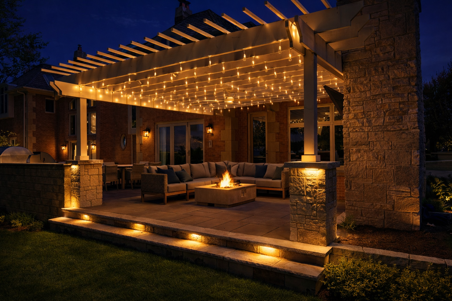 Natural stone patio with custom fireplace and pergola in Oak Brook IL