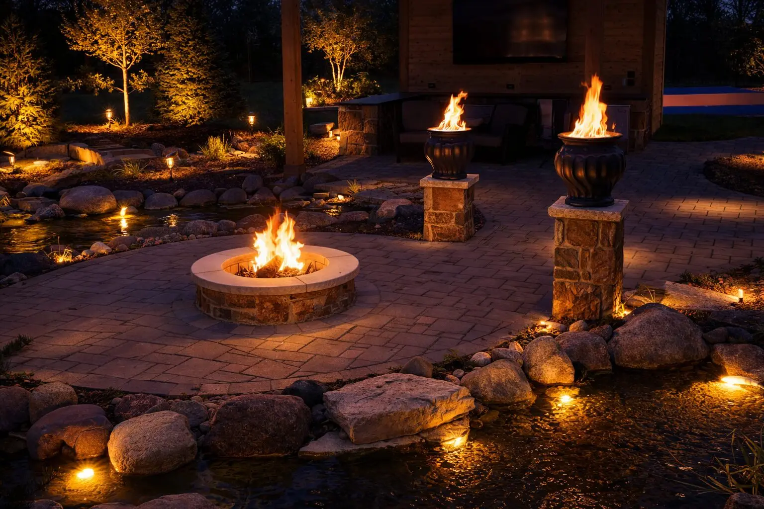 Custom fire pit and landscape lighting installation in Palos Park, IL