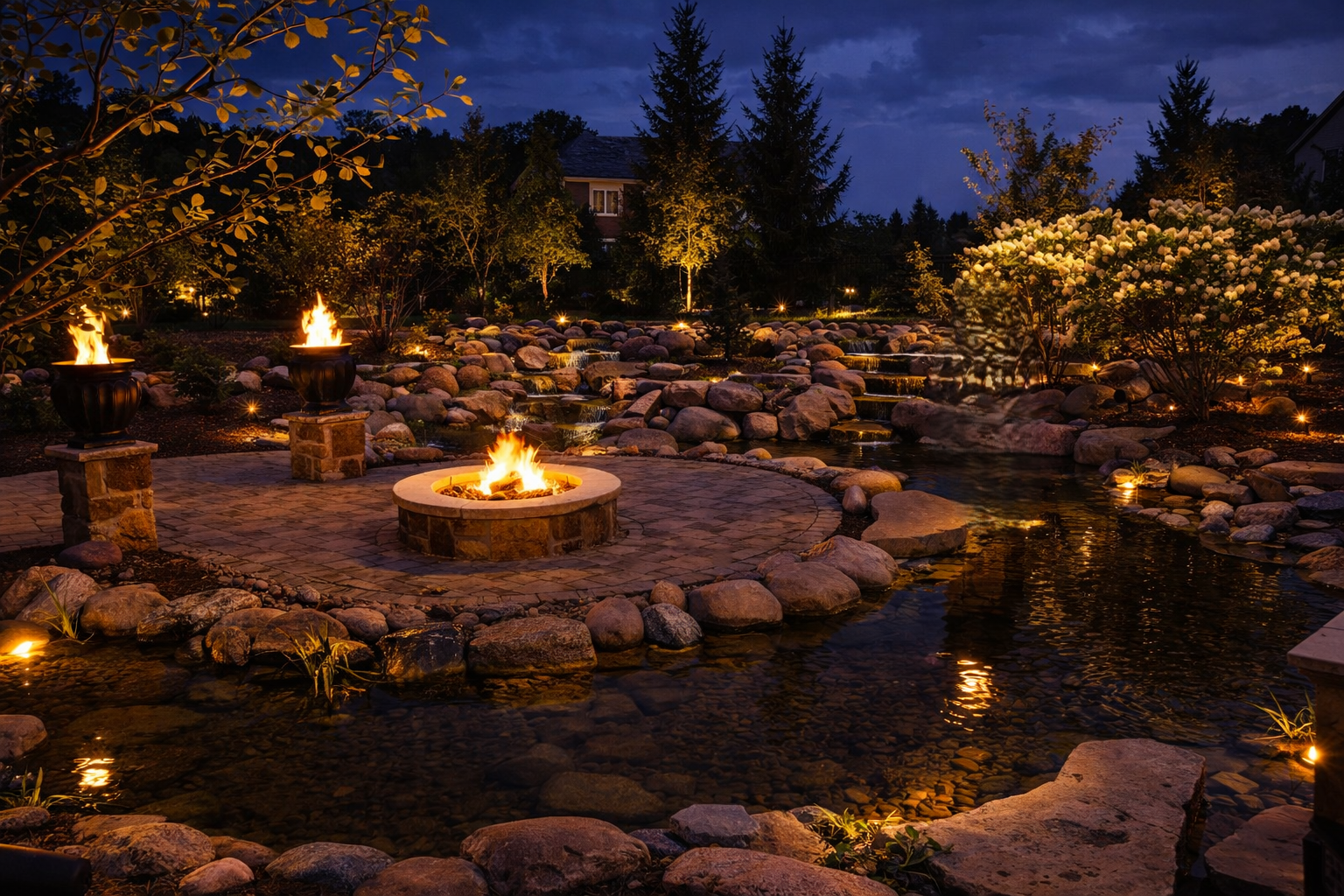 Natural stone patio with custom fire pit and pavilion in Burr Ridge IL