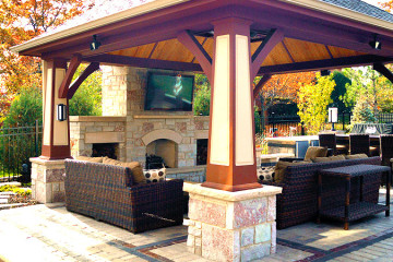 Beige, brown, and purple outdoor seating area