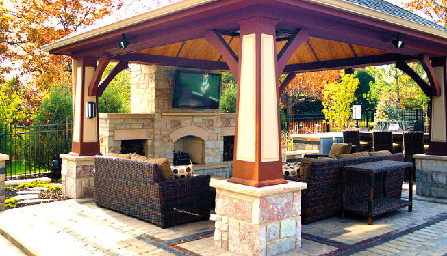 Beige, brown, and purple outdoor seating area